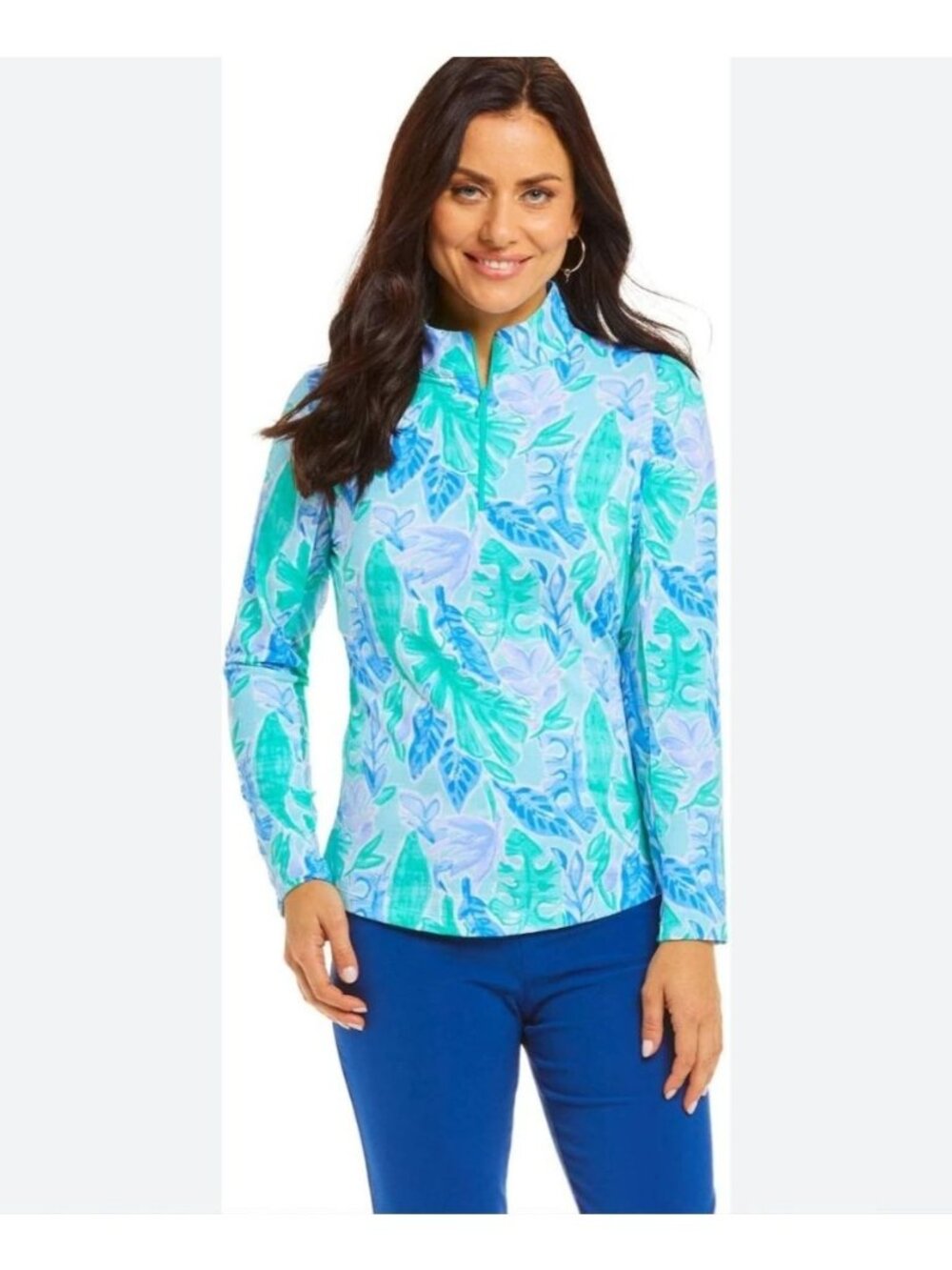 IBKÜL Allison IceFil Long Sleeve Top Jade/Periwinkle Leaf Print M UPF 50 Cooling